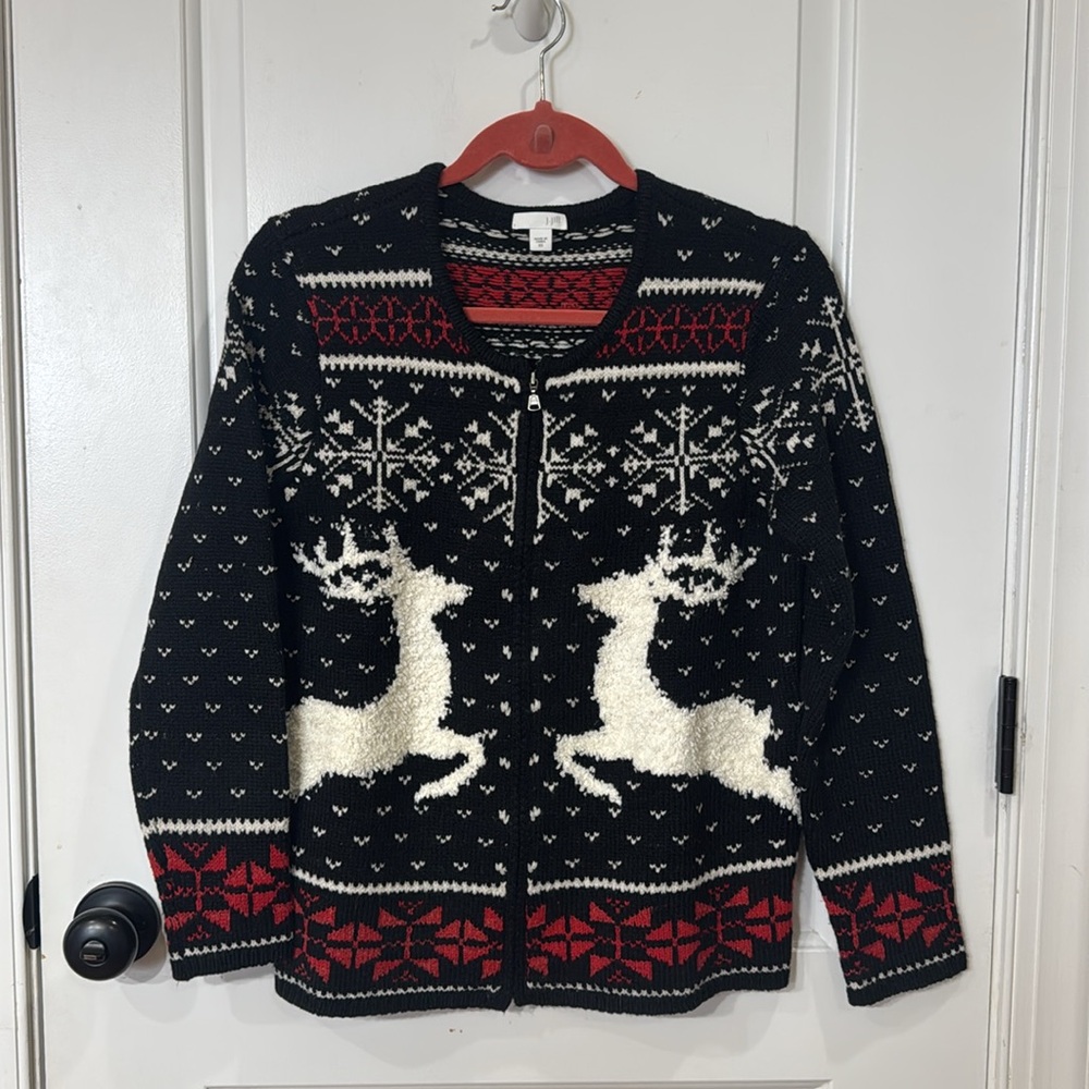 J. JILL CHRISTMAS REINDEER FAIR ISLE INTARSIA ZIP CARDIGAN SWEATER X SMALL - Picture 3 of 9